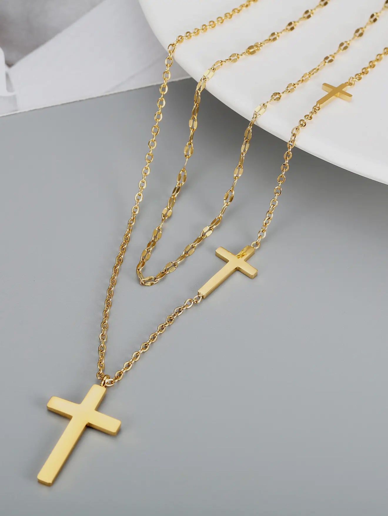Double Layered Cross Pendant CollarBone Chain Necklace