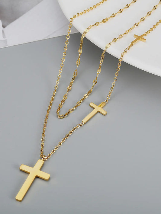 Double Layered Cross Pendant CollarBone Chain Necklace