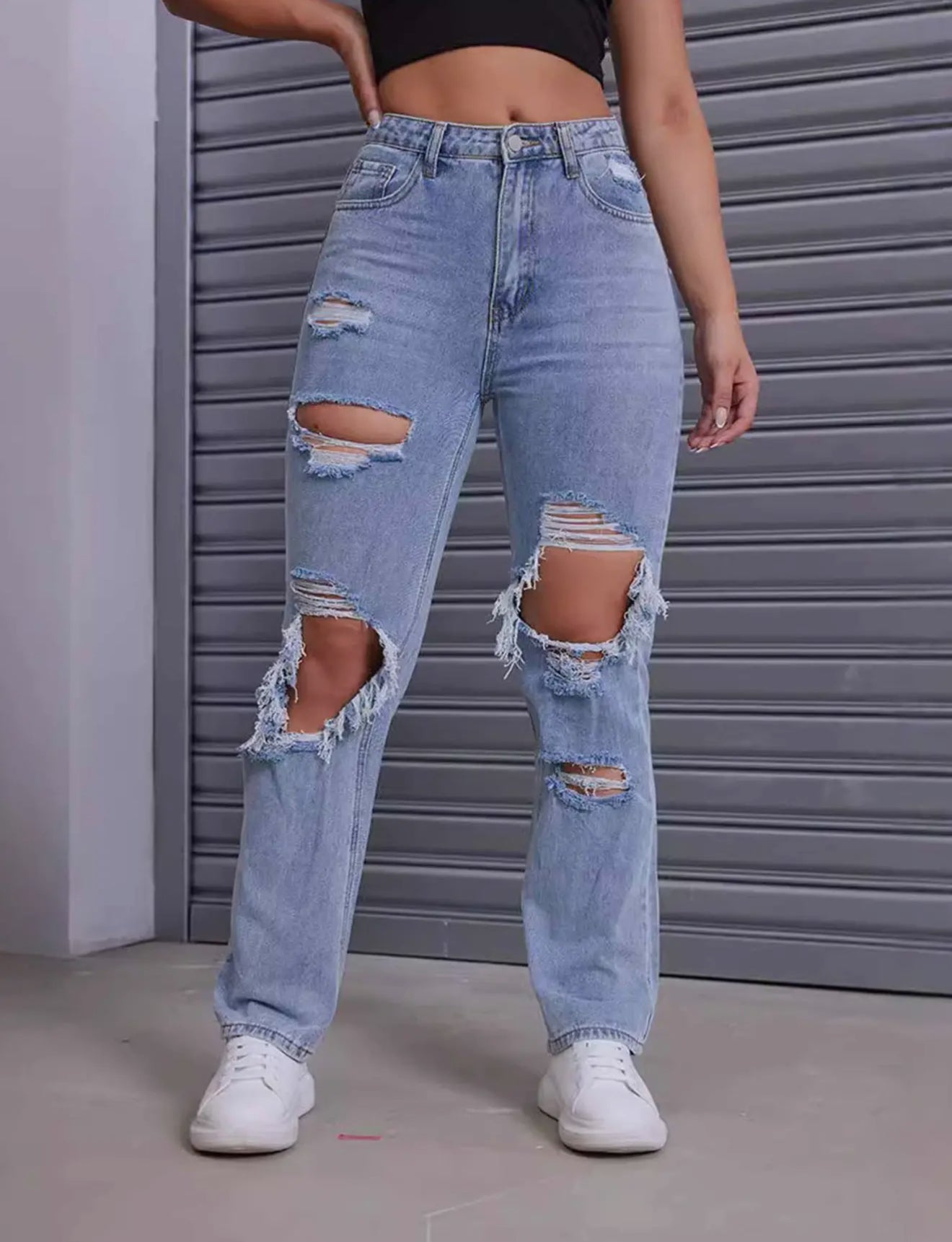 Washed Ripped Straight Leg Pants