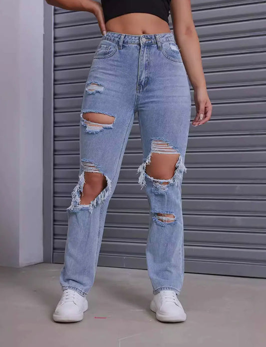 Washed Ripped Straight Leg Pants