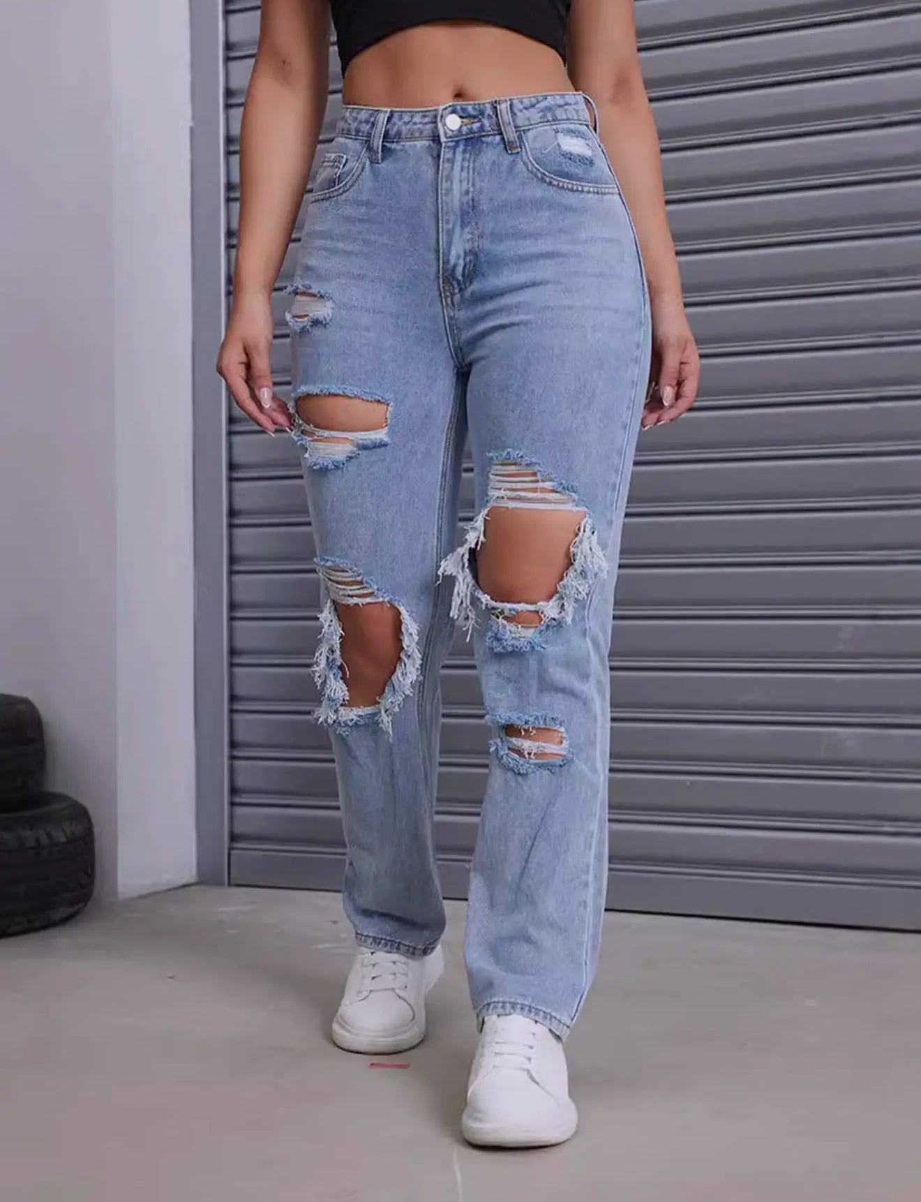 Washed Ripped Straight Leg Pants