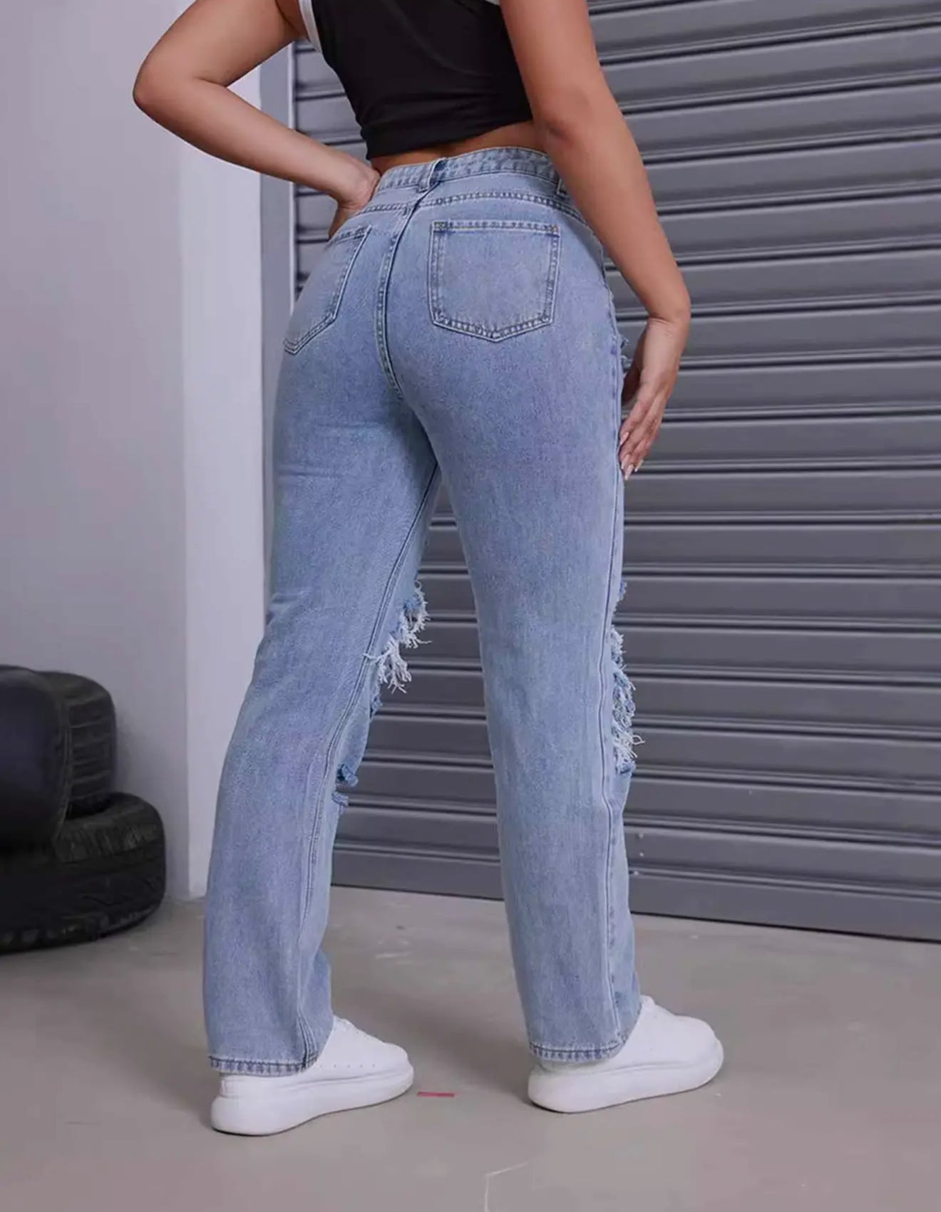 Washed Ripped Straight Leg Pants