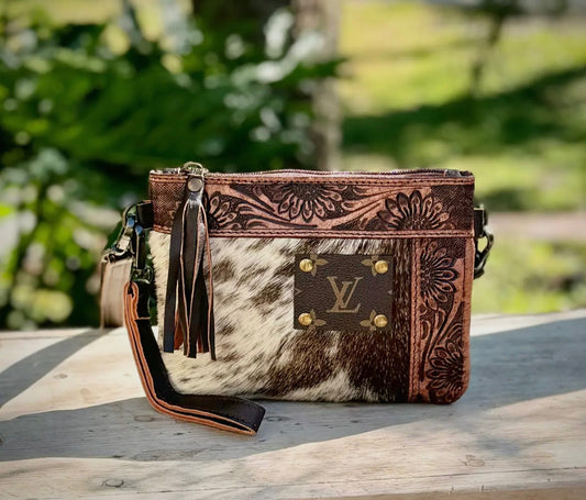 Upcycled Lv Cowhide Leather Crossbody Wristlet Bag Western