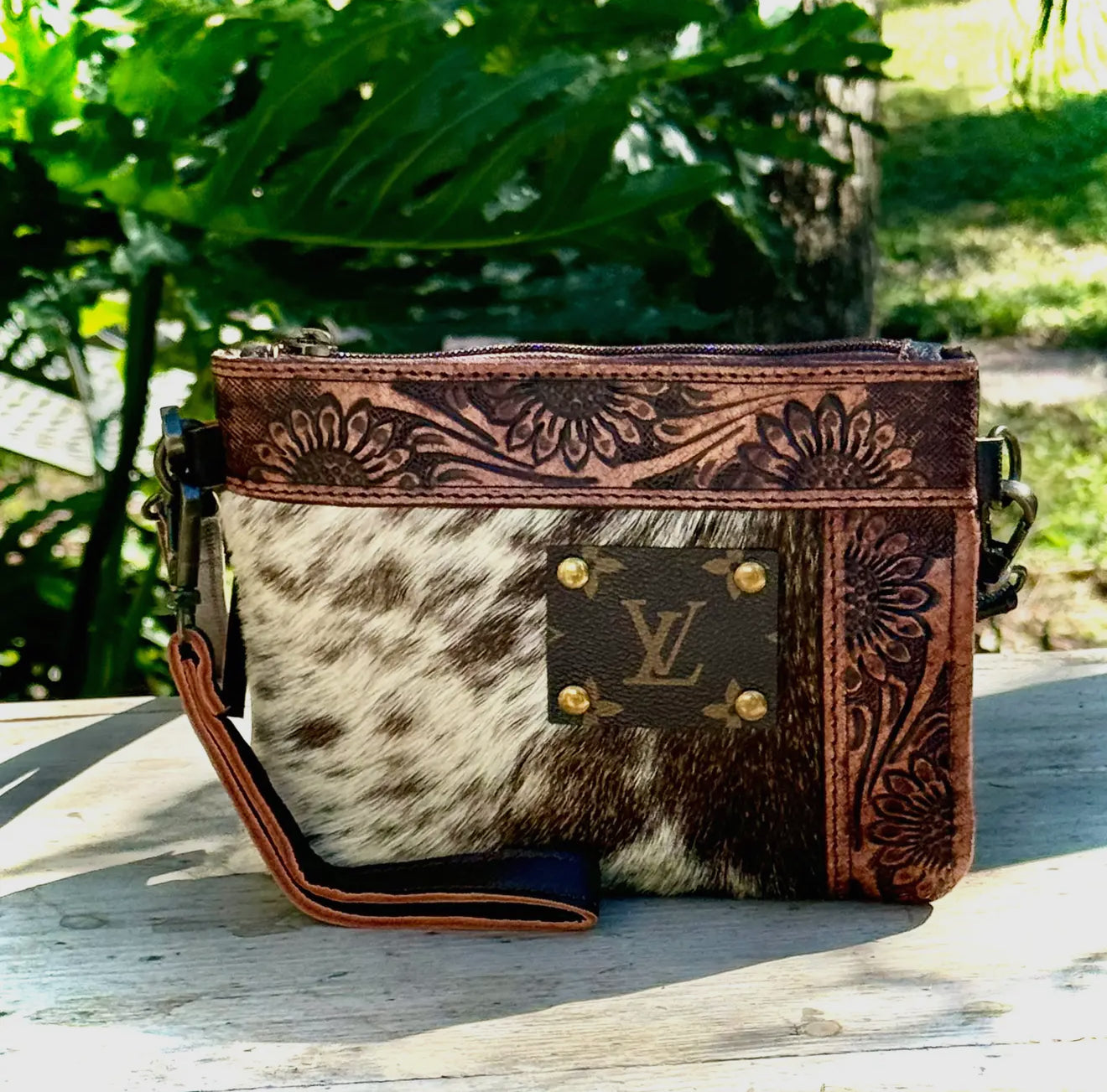 Upcycled Lv Cowhide Leather Crossbody Wristlet Bag Western