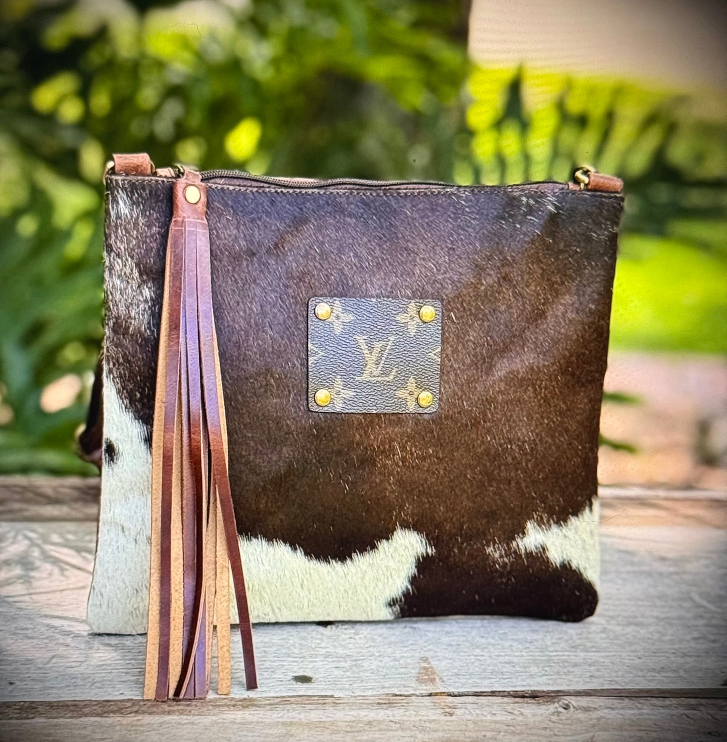 Upcycled Lv Cowhide Leather Crossbody Bag Western