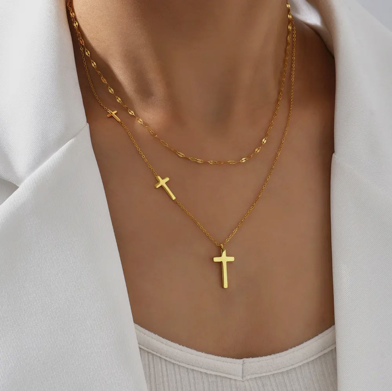 Double Layered Cross Pendant CollarBone Chain Necklace